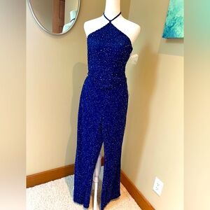Vintage Cristall Collection Beaded Silk Halter Pantsuit Boot Cut 💙 Glam Evening